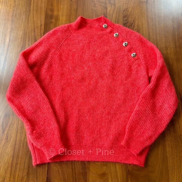 Sezane Trudy Jumper Red Size Medium Pullover Sweater Button Neck - Picture 3 of 12
